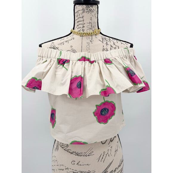 B53 La DoubleJ Off Shoulder Floral Cropped Top Blouse Womens Large Boho Resort - Picture 3 of 7